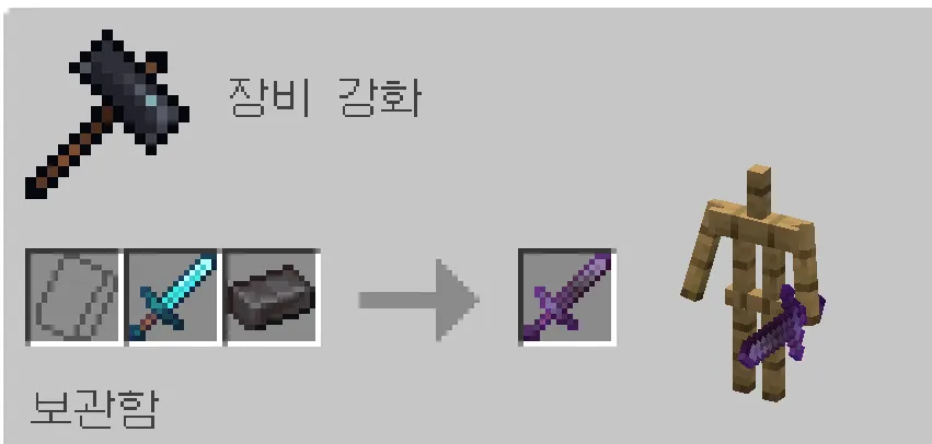 대장장이 작업대 — 형판 칸이 빈 채로 다이아몬드 검과 네더라이트 주괴만으로 네더라이트 검이 나온다